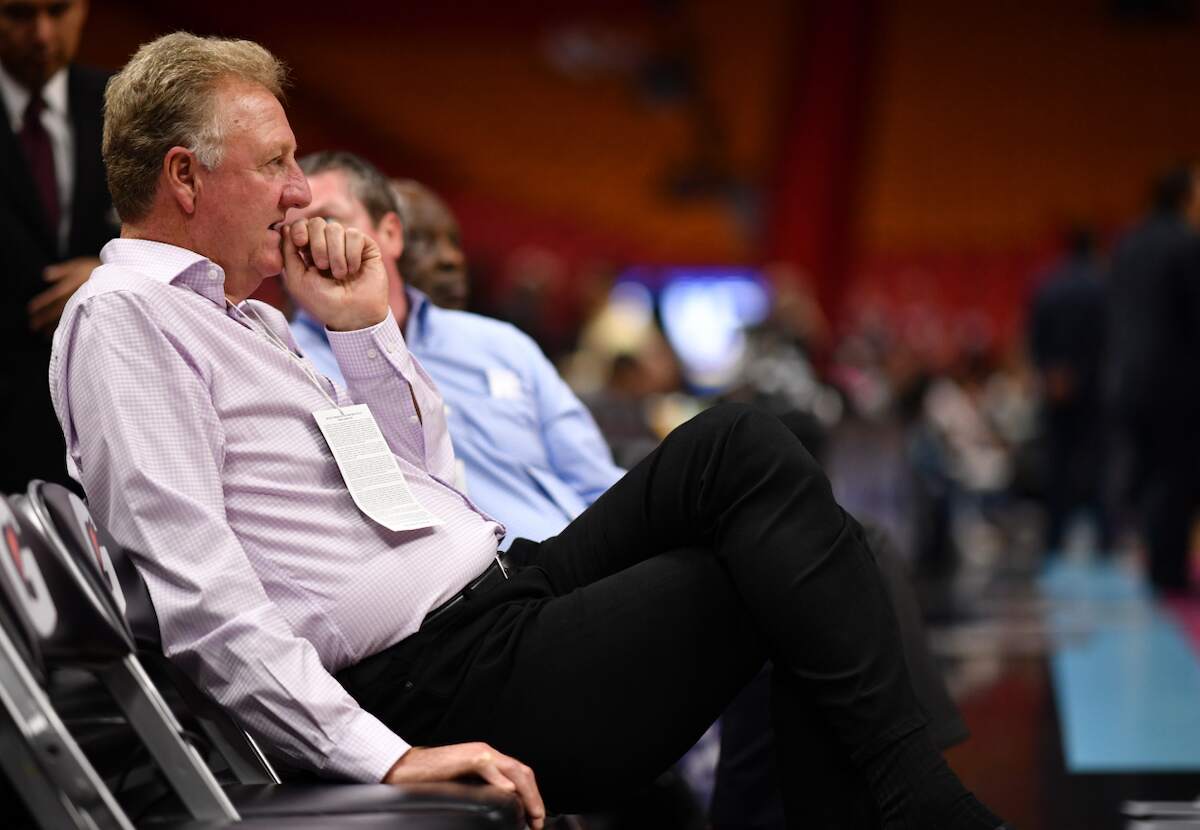 Indiana Pacers advisor Larry Bird watches warmups before a game in 2019