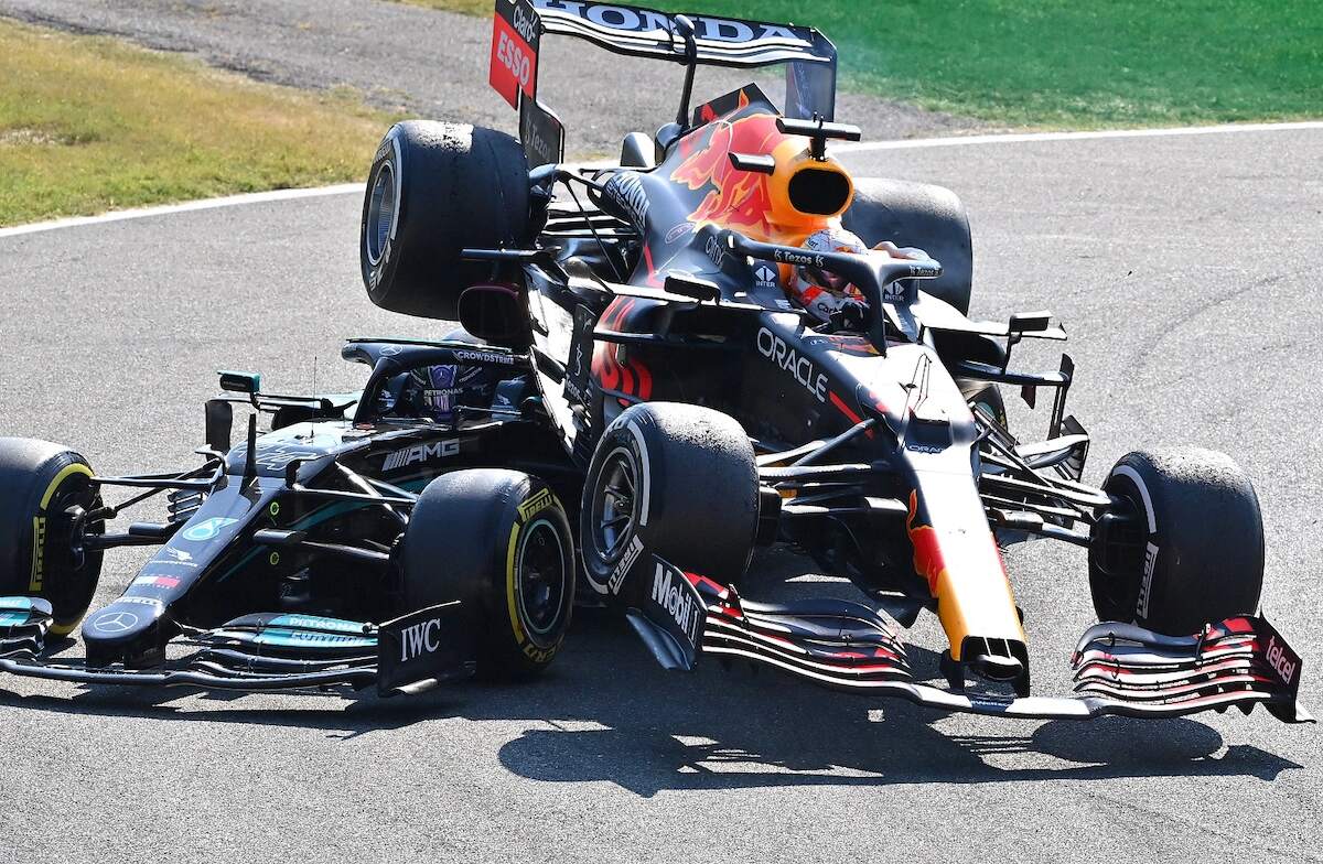 Red Bull's Max Verstappen and Mercedes' Lewis Hamilton crash during the Formula 1 Italian Grand Prix in 2021