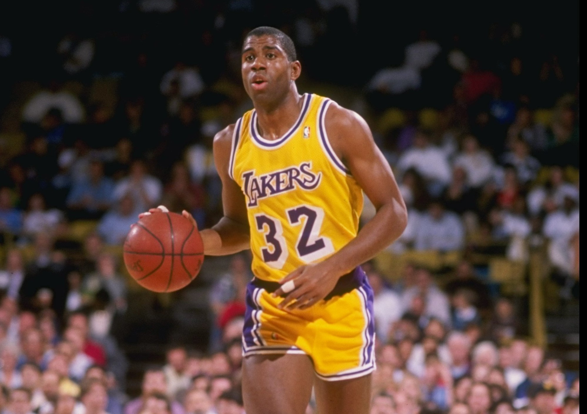 Guard Magic Johnson of the Los Angeles Lakers in action.
