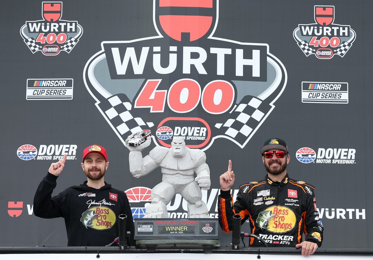 Martin Truex Jr. and crew chief James Small celebrate win.