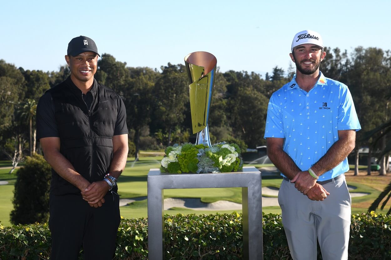 Tiger Woods and Max Homa following Homa's victory at the 2021 Genesis Invitational at Riviera Country Club