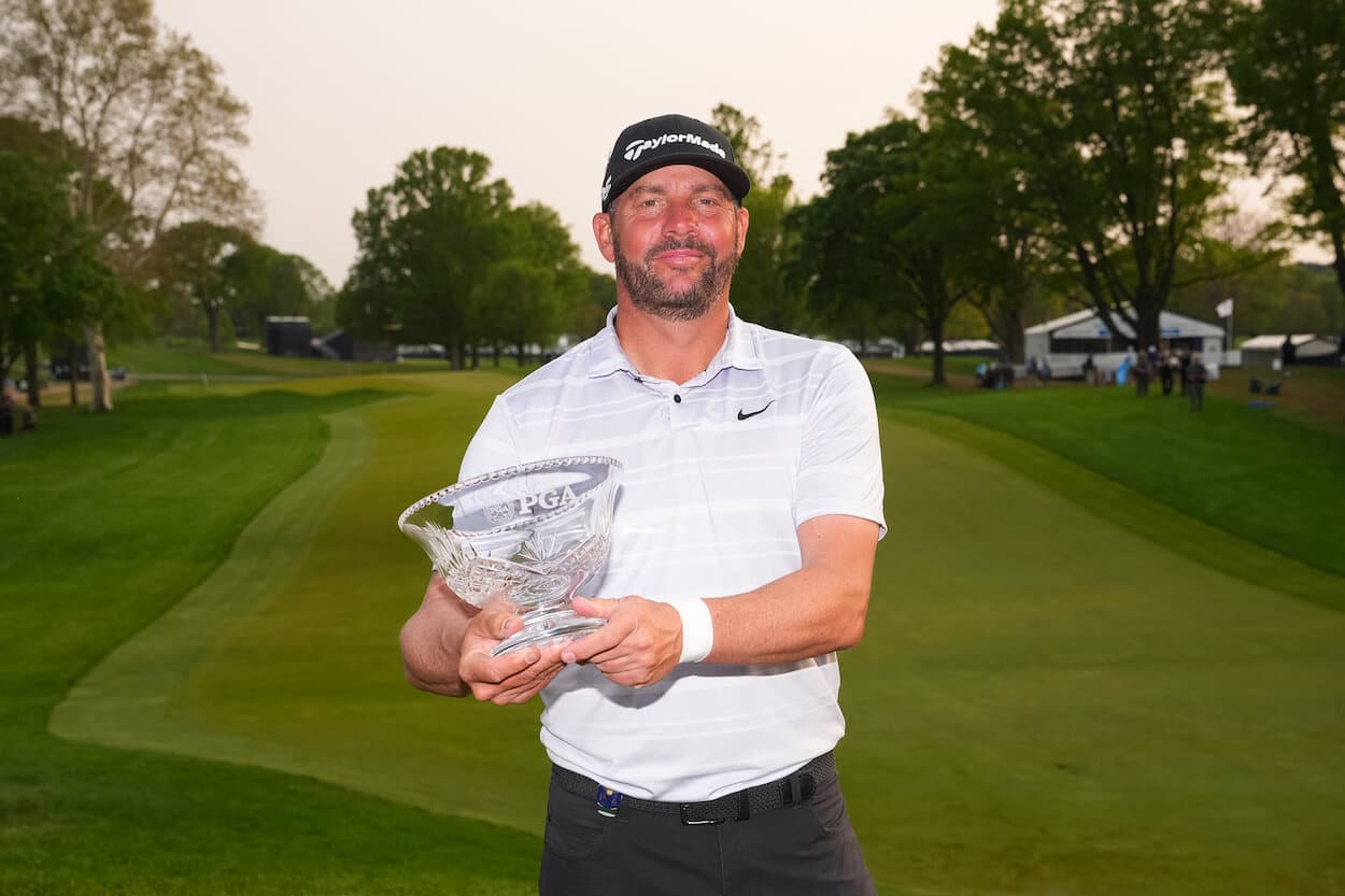 Michael Block poses with his trophy after the PGA Championship.