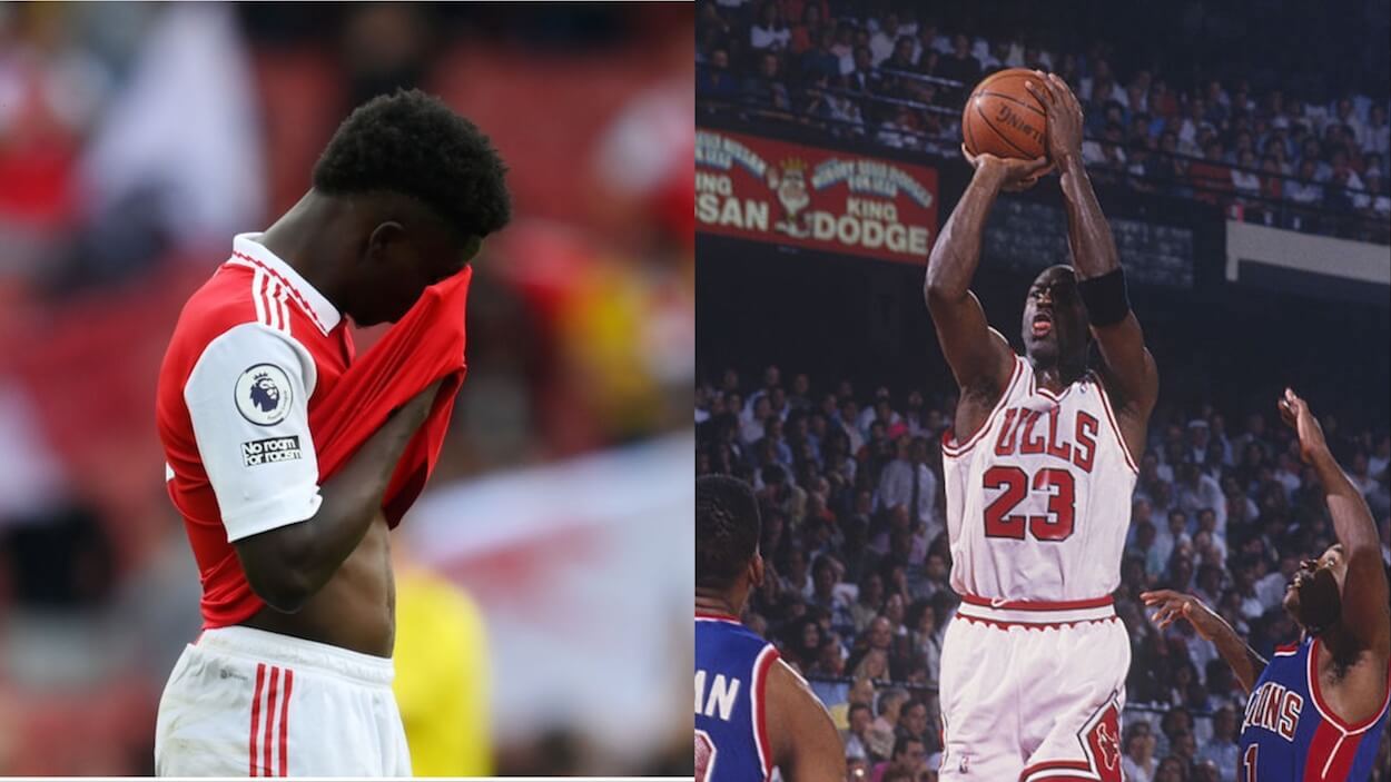 Bukayo Saka of Arsenal (L) and Michael Jordan during his day with the Chicago Bulls (R).