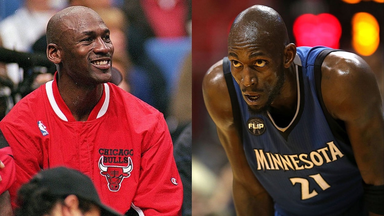 Michael Jordan (L) and Kevin Garnett (R) during their NBA careers.