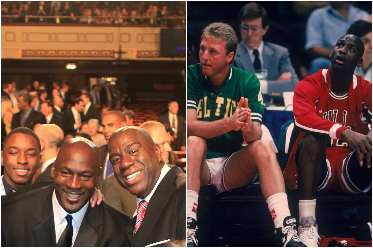 NBA stars Michael Jordan and Magic Johnson take a selfie at a media event; Larry Bird and Michael Jordan sit on the bench during an NBA game