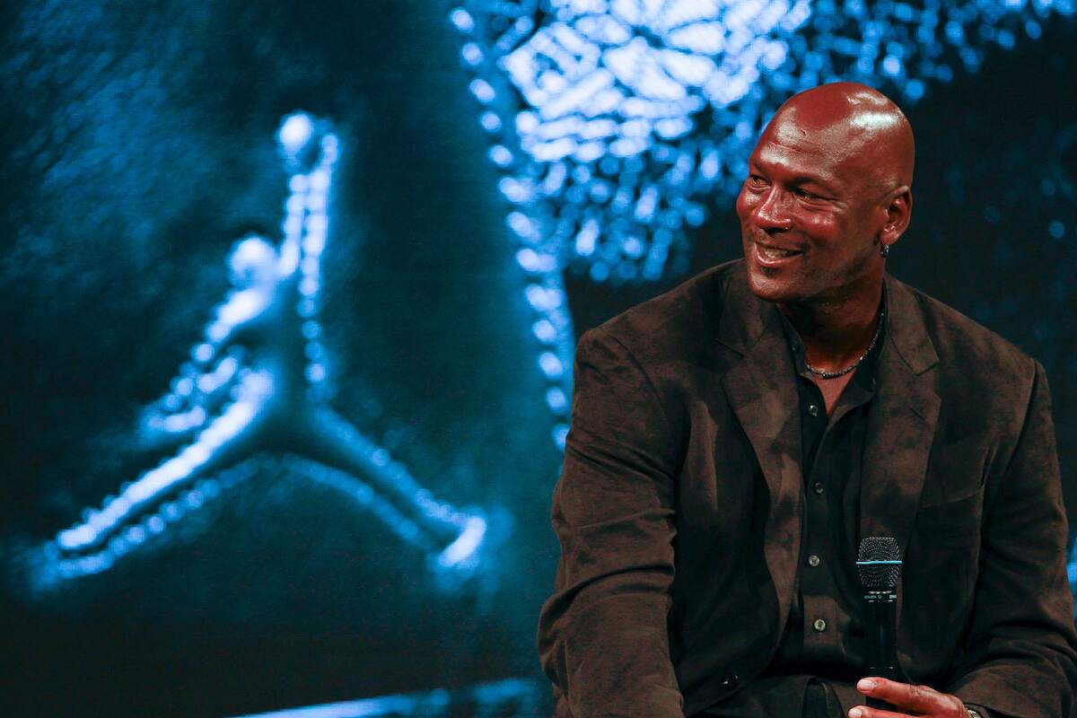 Retired NBA star Michael Jordan speaks at a press conference celebrating the 30th anniversary of Air Jordan sneakers