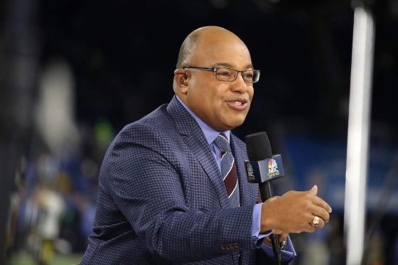 NBC's announcer Mike Tirico gets ready for the Sunday night NFL game between the Pittsburgh Steelers and the Detroit Lions in 2017