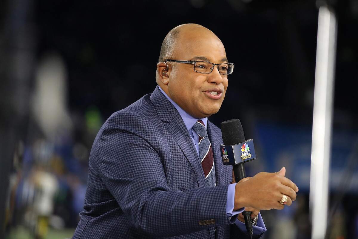 NBC's announcer Mike Tirico gets ready for the Sunday night NFL game between the Pittsburgh Steelers and the Detroit Lions in 2017
