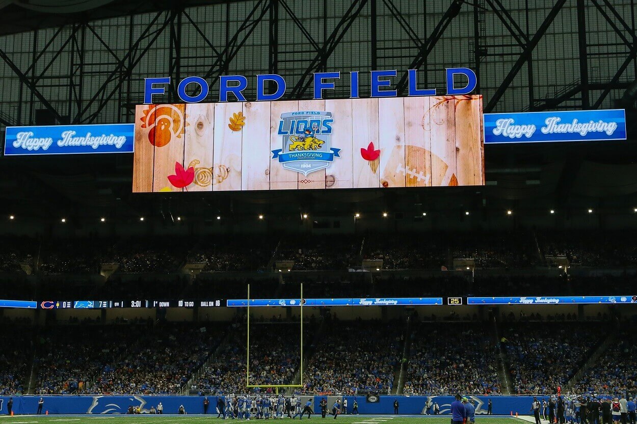 A general view of the video scoreboard displaying the Happy Thanksgiving message is seen during a regular season Thanksgiving Day NFL football game between the Chicago Bears and the Detroit Lions on November 25, 2021 at Ford Field in Detroit, Michigan