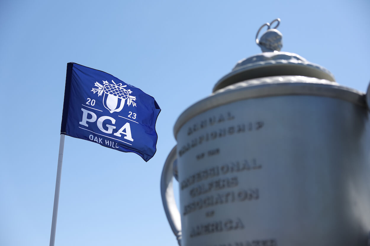 A view of the Wanamaker Trophy and a PGA Championship flag.