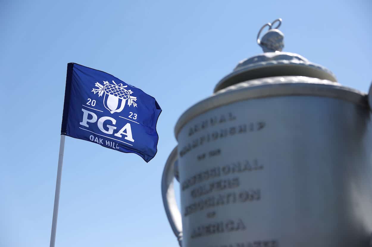 A view of the Wanamaker Trophy and a PGA Championship flag.