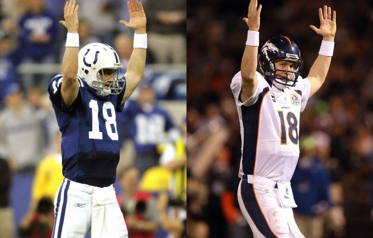 Quarterback Peyton Manning holds up his hands to celebrate a touchdown wearing his Colts uniform, alongside a photo of him doing the same thing in his Broncos uniform