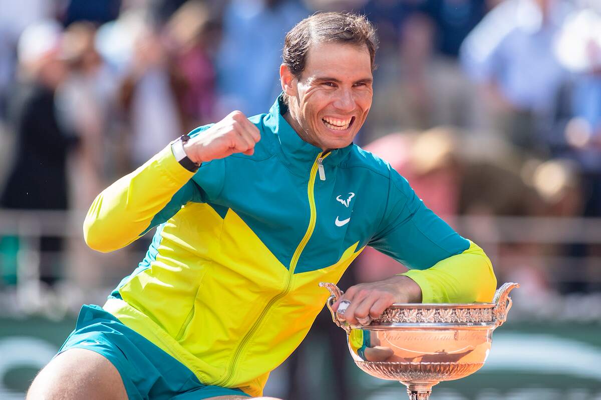 Tennis star Rafael Nadal with the trophy after his victory against Casper Rudd during the Singles Final for Men at the 2022 French Open