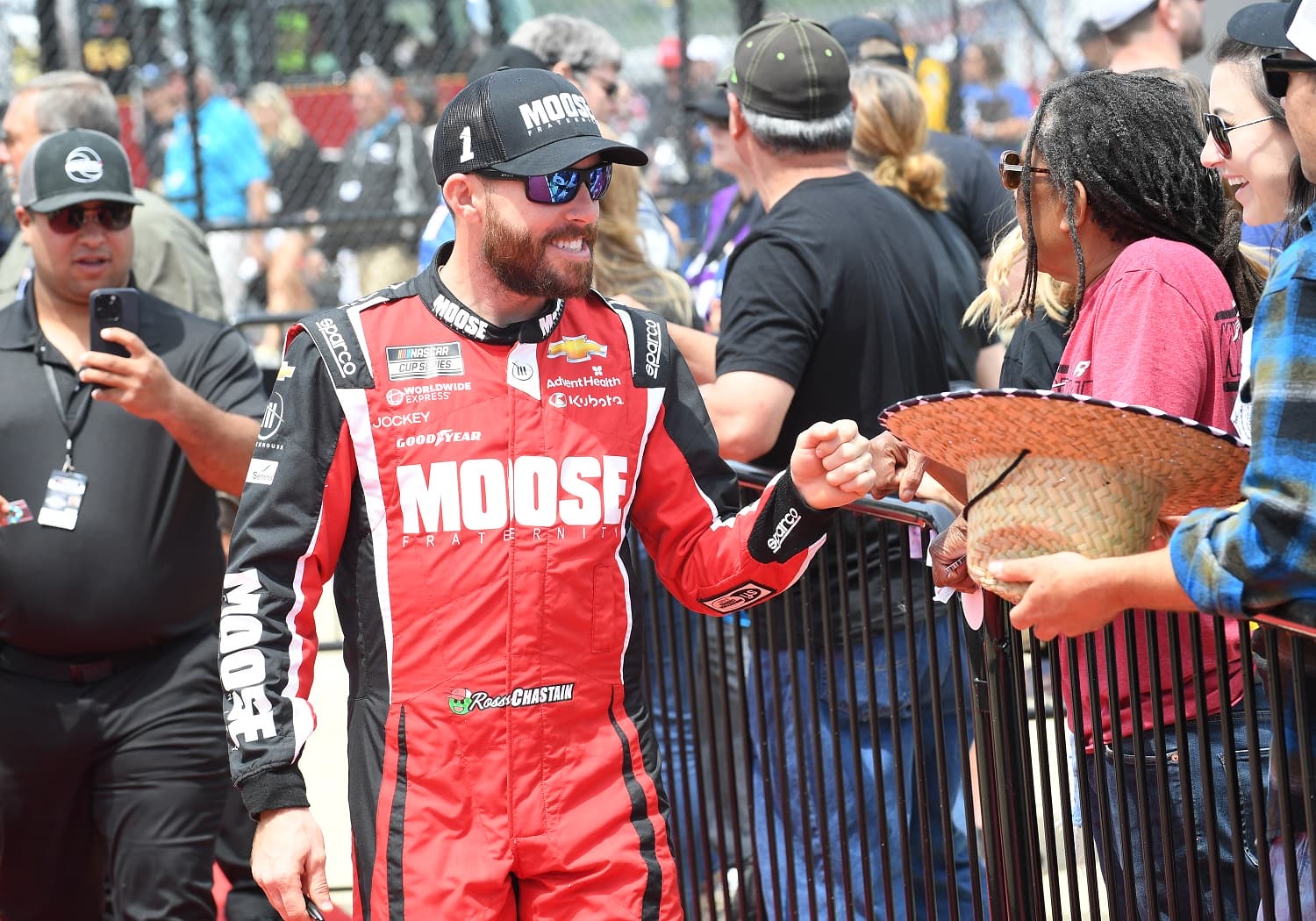 Ross Chastain greets fans before the running of the NASCAR Cup Series Geico 500 on April 23, 2023, at Talladega Superspeedway.