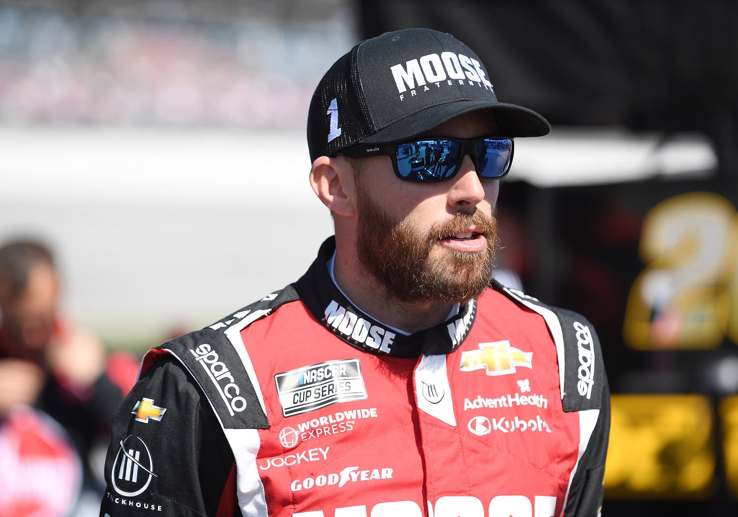 Ross Chastain looks on during qualifying for the NASCAR Cup Series Geico 500 on April 22, 2023, at Talladega Superspeedway.