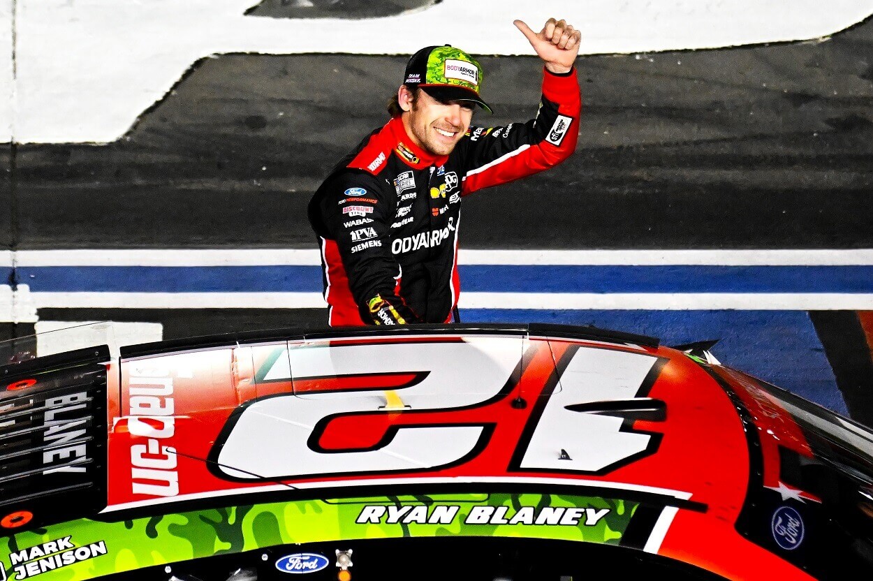 Ryan Blaney celebrates his win at the 2023 NASCAR Cup Series Coca-Cola 600