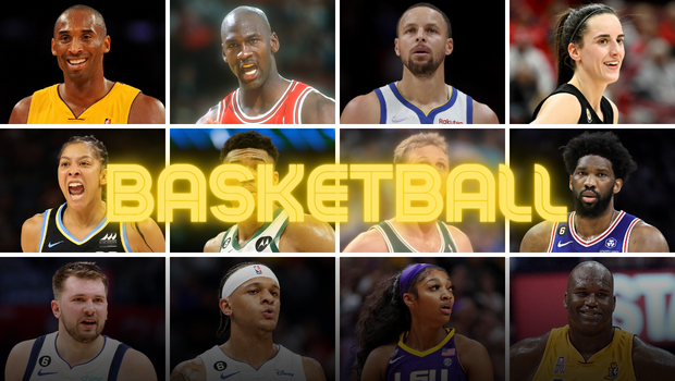 L-R, top-bottom: Kobe Bryant, Michael Jordan, Stephen Curry, Caitlin Clark, Candace Parker, Giannis Antetokounmpo, Larry Bird, Joel Embiid, Luka Doncic, Paolo Banchero, Angel Reese, Shaquille O'Neal.