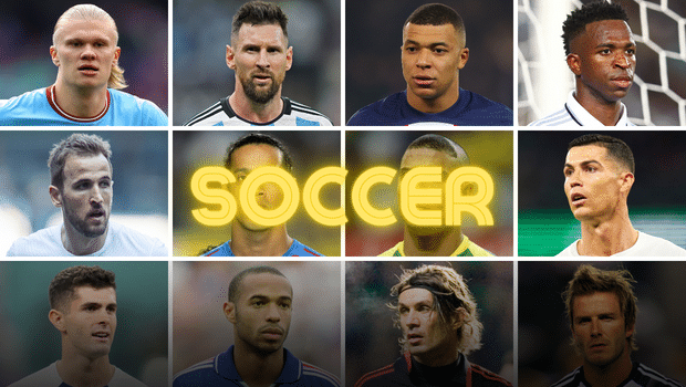 L-R and top to bottom: Erling Haaland, Lionel Messi, Kylian Mbappe, Vinicius Junior, Harry Kane, Ronaldinho, Ronaldo (Brazil), Cristiano Ronaldo, Christian Pulisic, Thierry Henry, Paolo Maldini, David Beckham