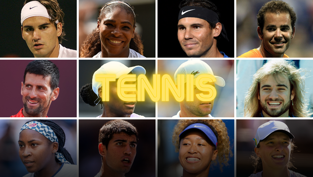 L-R, top to bottom: Roger Federer, Serena Williams, Rafael Nadal, Pete Sampras, Novak Djokovic, Venus Williams, Andy Roddick, Bjorn Borg, Coco Gauff, Carlos Alcaraz, Naomi Osaka, Iga Swiatek