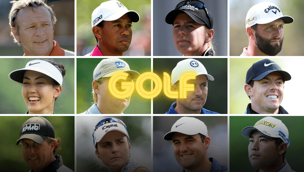 L-R and top to bottom: Arnold Palmer, Tiger Woods, Annika Sorenstam, Jon Rahm, Michelle Wie, Ernie Els, Jordan Spieth, Rory McIlroy, Phil Mickelson, Lexi Thompson, Scottie Scheffler, Hideki Matsuyama