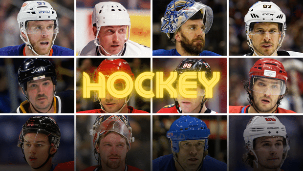 L-R and top to bottom: Connor McDavid, Wayne Gretzky, Henrik Lundqvist, Sidney Crosby, Mario Lemieuz, Nicklas Lidström, Partrick Kane, Alexander Ovechkin, Connor Bedard, Patrick Roy, Mark Messier, Jack Hughes