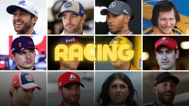 L-R and top to bottom: Chase Elliott, Jimmie Johnson, Lewis Hamilton, Dale Earnhardt Sr., Max Verstappen, Denny Hamlin, Kyle Busch, Joey Logano, Jeff Gordon, Dale Earnhardt Jr., Hailie Deegan, Ross Chastain