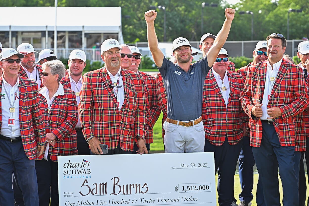 Sam Burns celebrates after winning the Charles Schwab Challenge.