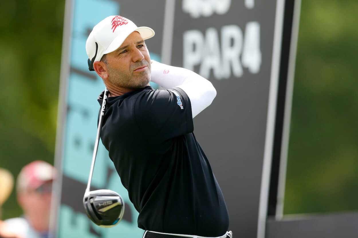 Sergio Garcia hits a tee shot during a LIV Golf event.