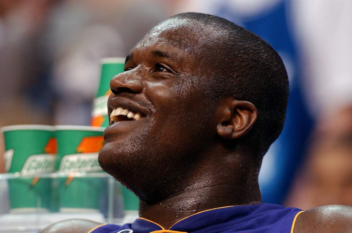 Shaquille O'Neal looks up at the scoreboard during an NBA game