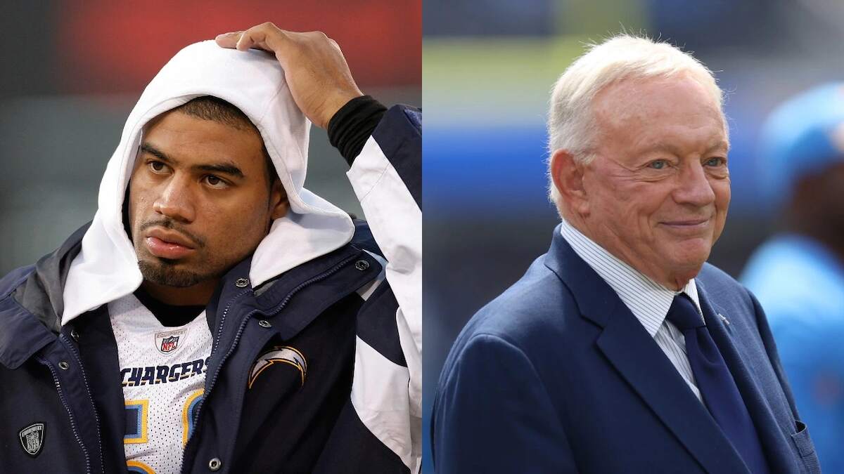Former Chargers linebacker Shawne Merriman looks on during a preseason game and Dallas Cowboys owner Jerry Jones looks on before game against the Los Angeles Chargers