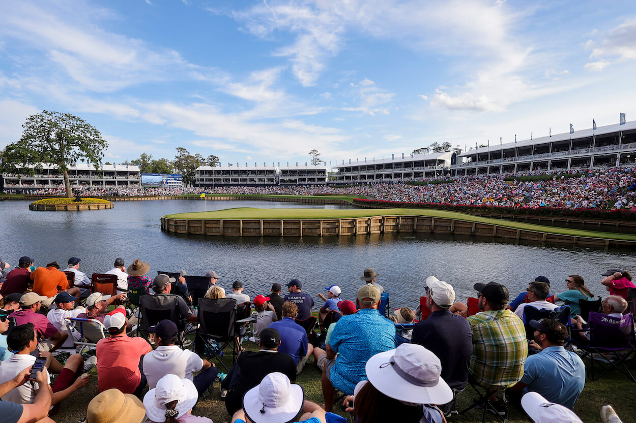 The 17th green at TPC Sawgrass is shown.