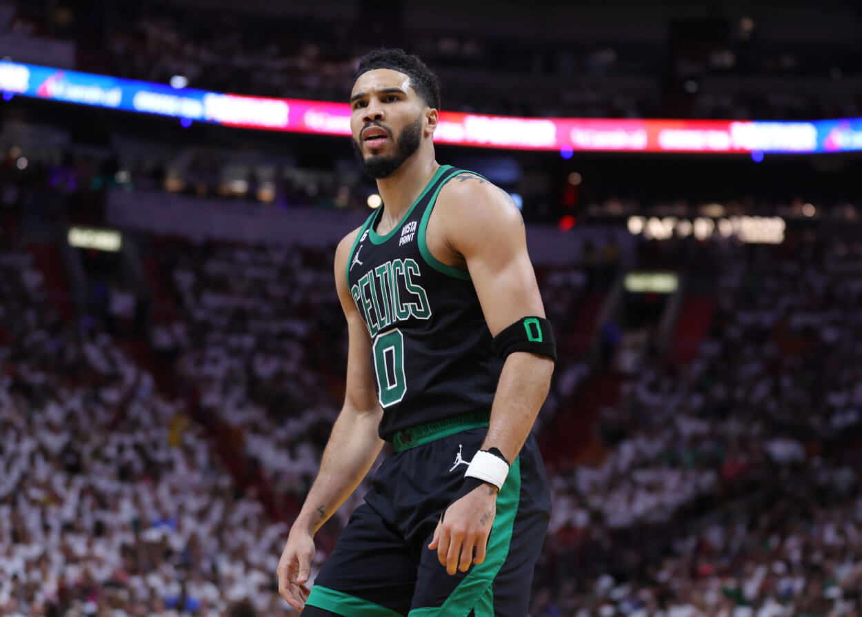Jayson Tatum of the Boston Celtics reacts during the second quarter against the Miami Heat.