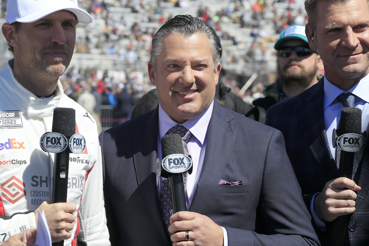 Tony Stewart with Denny Hamlin and Clint Bowyer before the NASCAR Cup Series Ambetter Health 400 race on March 19, 2023 at Atlanta Motor Speedway. | David J. Griffin/Icon Sportswire