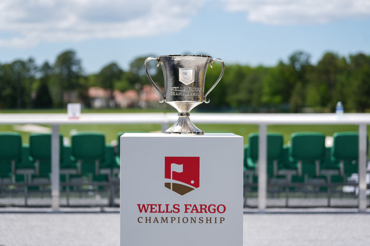 The Wells Fargo Championship trophy on display.