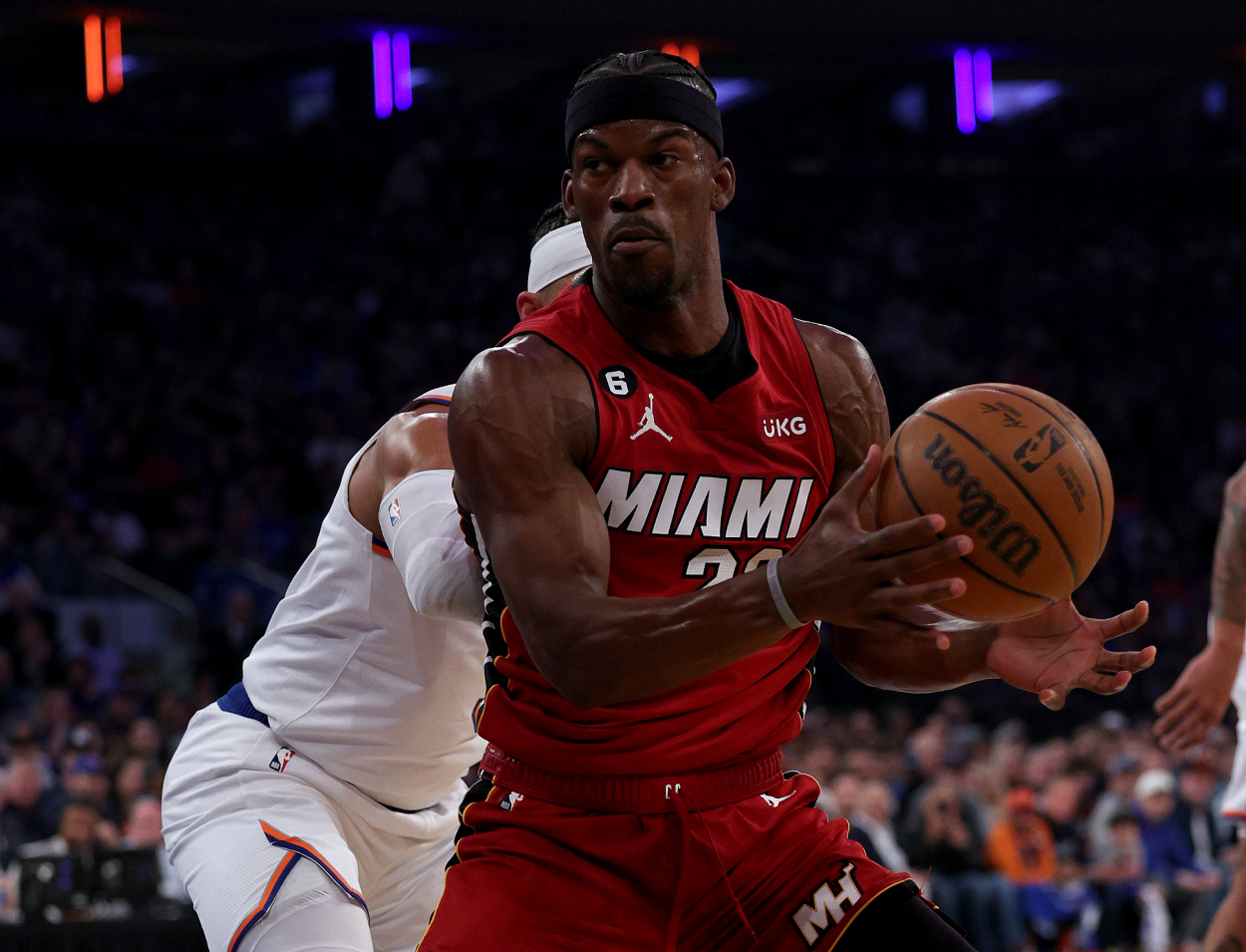 Jimmy Butler of the Miami Heat heads for the net.