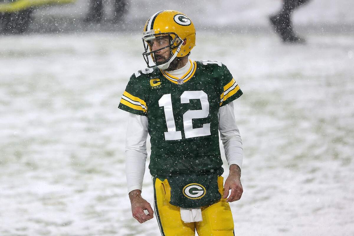 Aaron Rodgers of the Green Bay Packers participates in warmups prior to a 2020 game