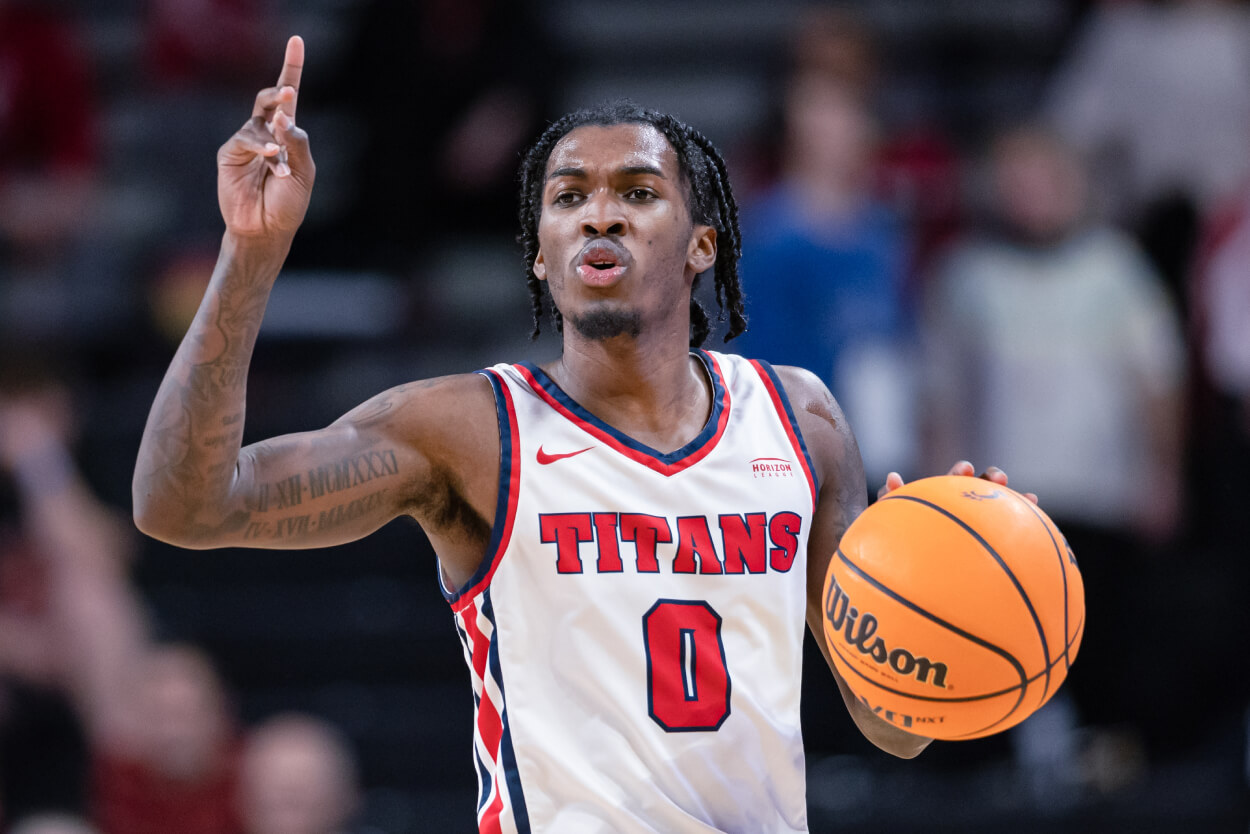 Antoine Davis of the Detroit Mercy Titans brings the ball up court.