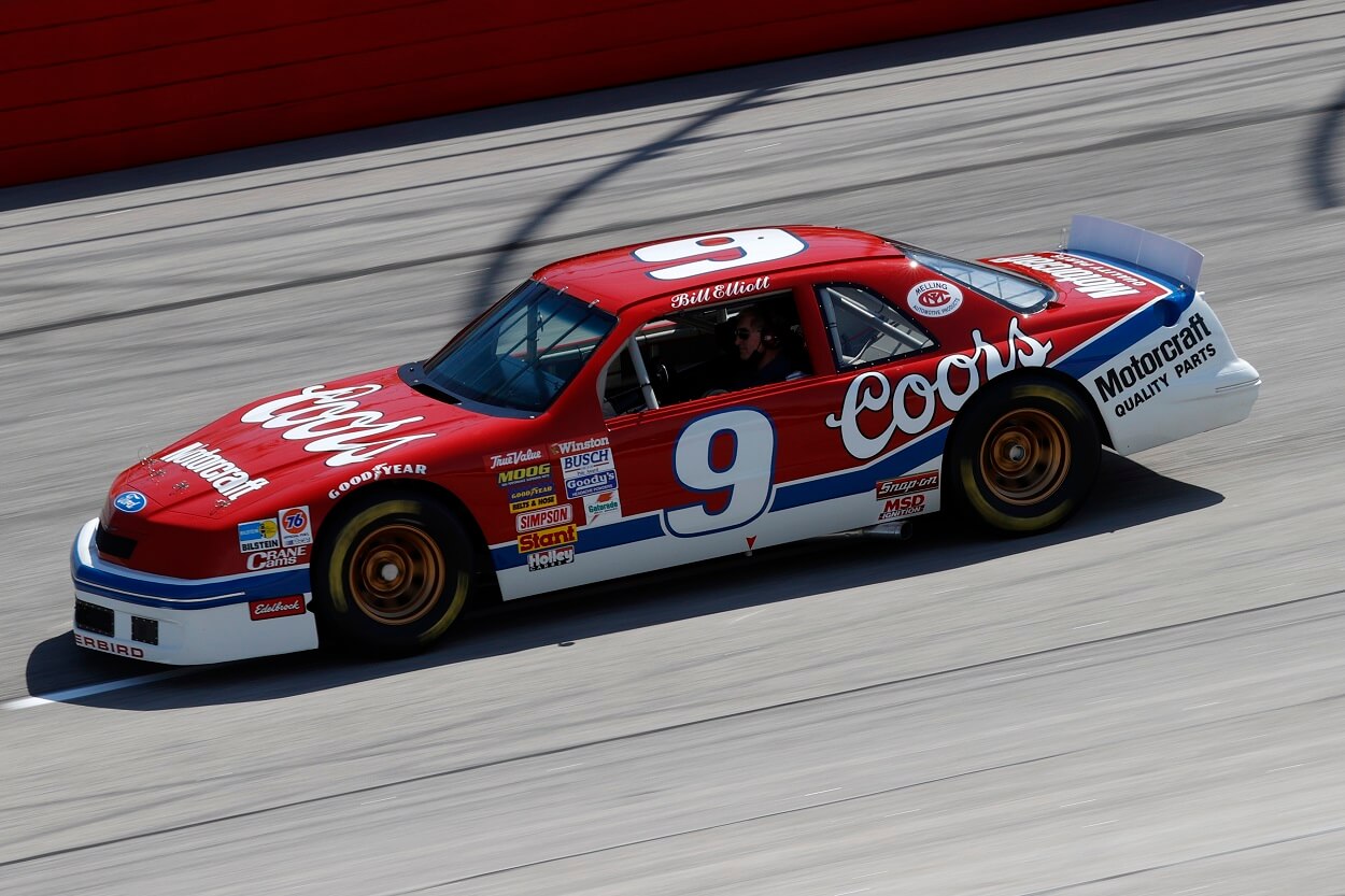 Hall of Famer Bill Elliott drives a restored 1988 #9 Coors Motorcraft Ford Thunderbird during the parade lap prior to the NASCAR Cup Series Goodyear 400 at Darlington Raceway on May 09, 2021
