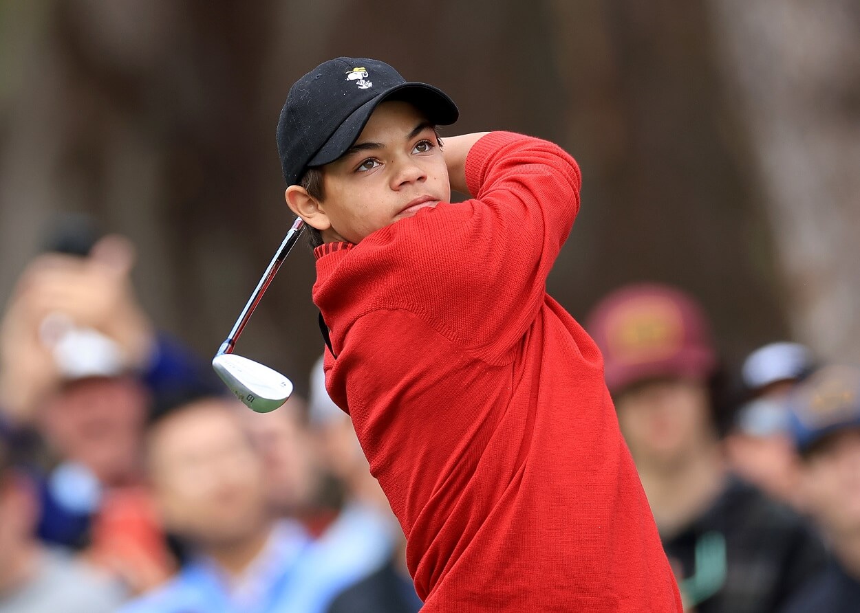 Tiger Woods' son, Charlie Woods, hits a shot at the 2022 PNC Championship