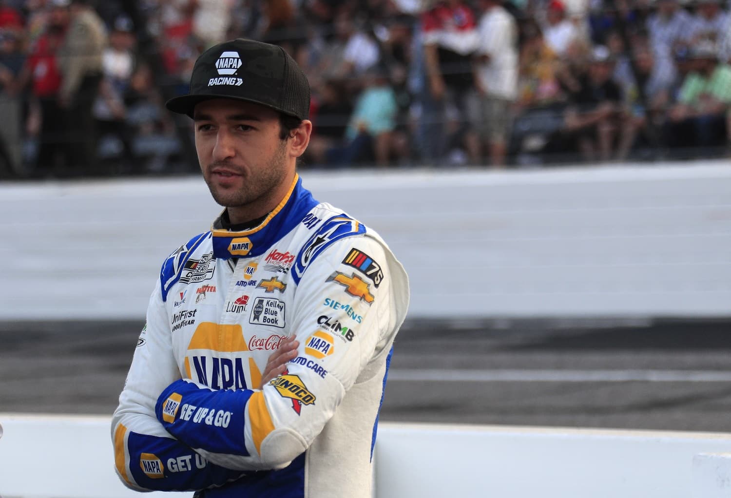 Chase Elliott looks on during the running of the NASCAR Cup Series All-Star Race on May 21, 2023, at North Wilkesboro Speedway.
