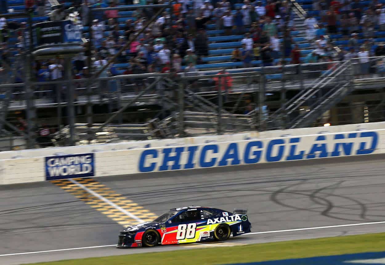 Alex Bowman crosses the finish line at Chicagoland Speedway in 2019.