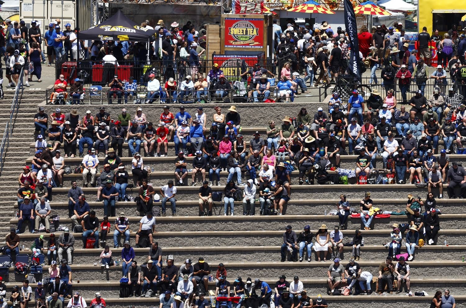 Fans watch the race from the grandstands during the NASCAR Cup Series Toyota/Save Mart 350 on June 12, 2023, at Sonoma Raceway.