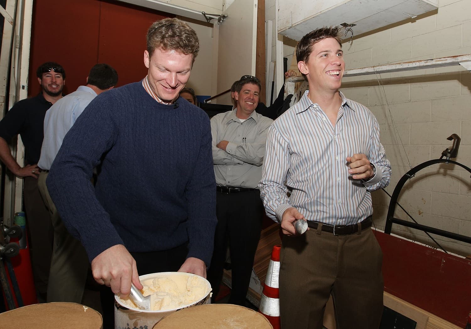 Dale Earnhardt Jr. and Denny Hamlin practice an ice cream throwing stunt backstage prior to their appearance on 'Live with Regis and Kelly' during the NASCAR Chase Media Tour on Sept. 10, 2008, in New York City.  | Mike Stobe/Getty Images for NASCAR
