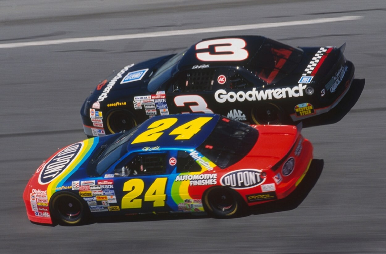 eff Gordon races in his Dupont #24 car against the Dale Earnhardt #3 Goodwrench car during the Daytona 500 at Daytona Speedway on February 14, 1993 in Daytona Beach, Florida