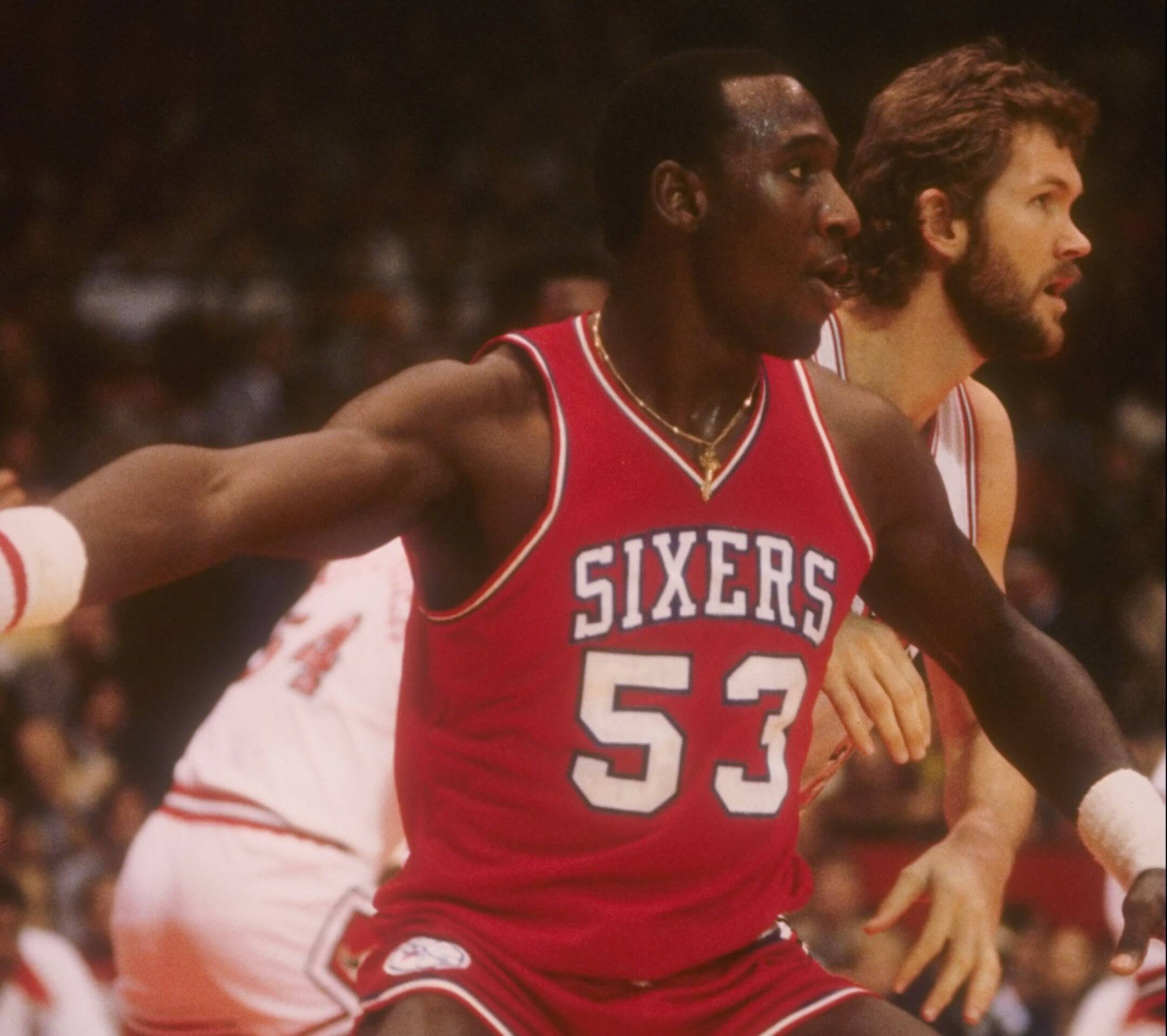 Darryl Dawkins gets position during an NBA game.