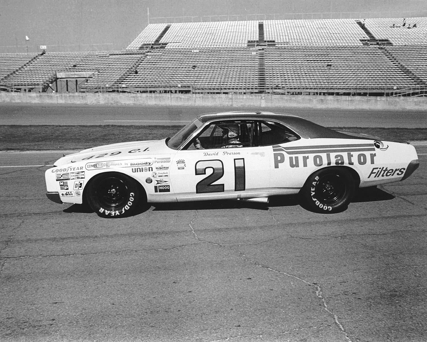 David Pearson behind the wheel of the Wood Brothers Purolator Mercury during a 1973 practice session at Daytona International Speedway. ISC Images & Archives via Getty Images