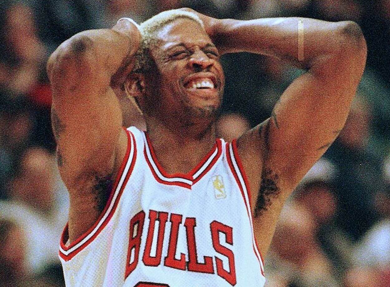 Dennis Rodman reacts during his time with the Chicago Bulls.