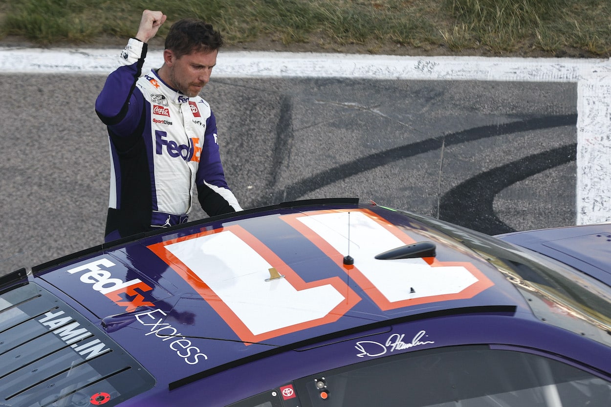 Denny Hamlin celebrates.