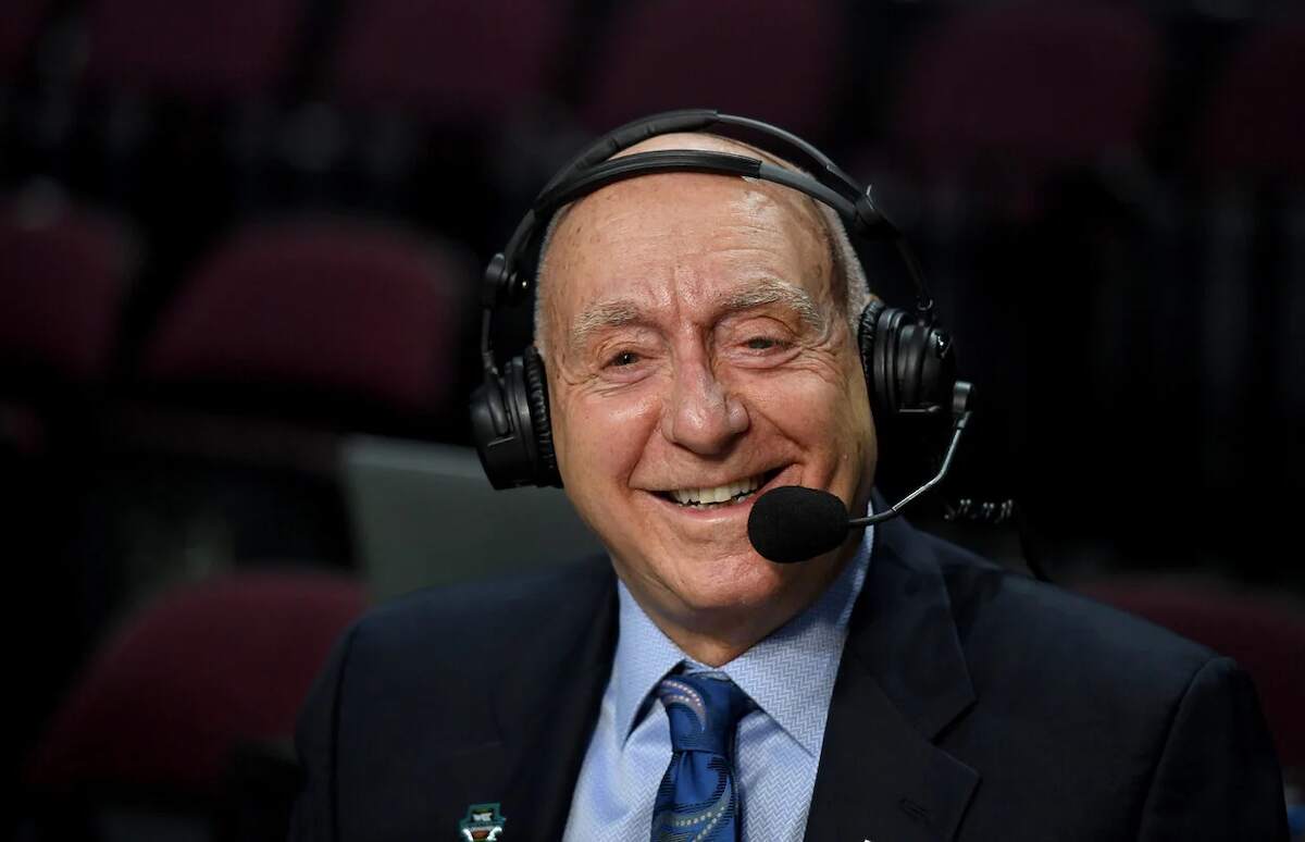 Dick Vitale speaks during a game from the announcing booth