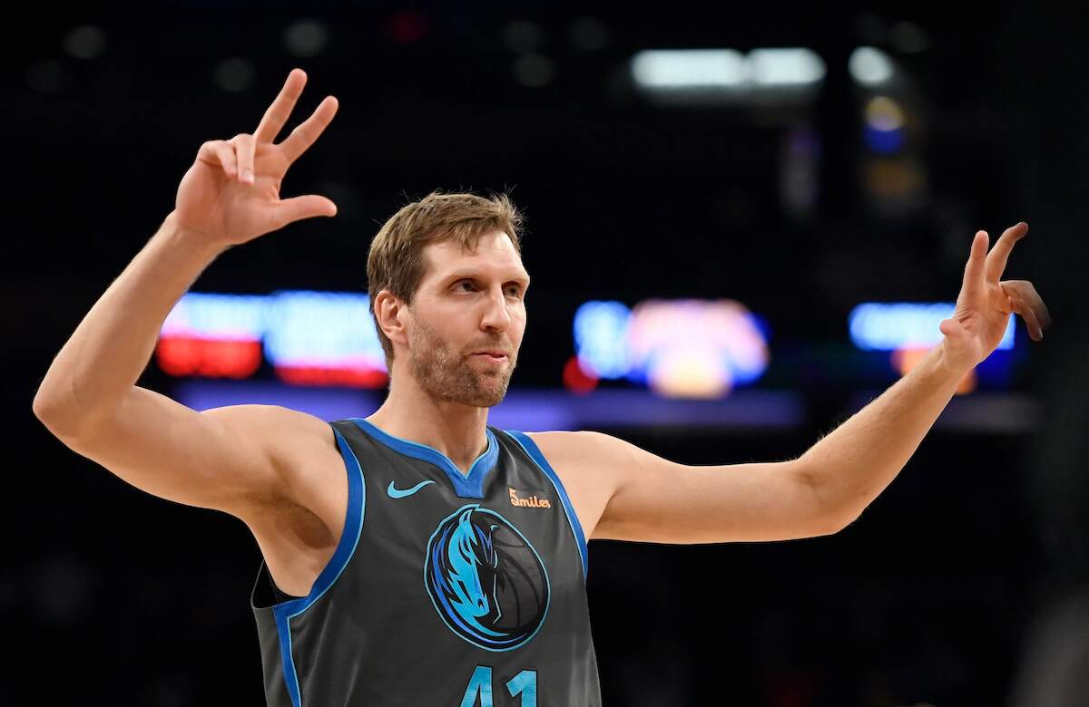 Dirk Nowitzki of the Dallas Mavericks reacts after scoring in 2019